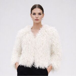Mongolian Lamb Fur Jacket white Curly Shearling Coat Waist Length Chic XL
